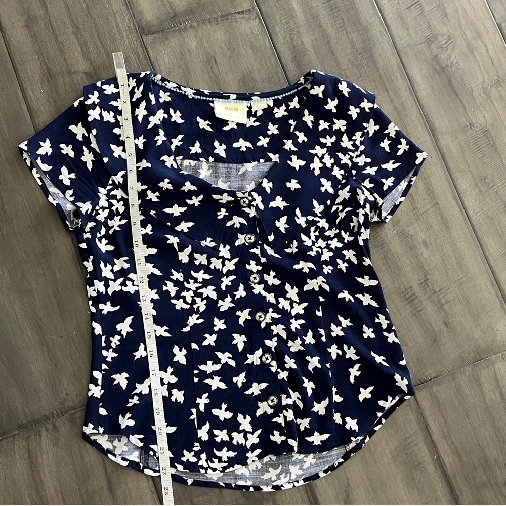 Anthropologie Maeve Austin Navy and White Bird Print Top - Size 0 - Picture 12 of 16